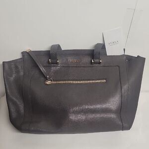Furla Charcoal Leather  Sophisticated Large Textured Made In Bulgaria Tote Bag